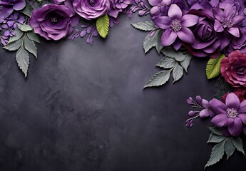 a purple flower arrangement on a dark grey background, template with border, greeting card, invitation, wedding design, space for text, mothers day, march