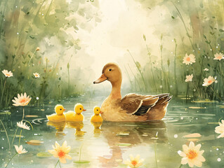 Duck and ducklings swimming in a pond with water lilies. Watercolor painting with wildlife and nature theme for greeting card design
