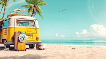 Summer travel , Yellow car van with luggage for summer holidays , Beach sea view , Vacation
