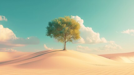 3d render Surreal dune landscape background with alone tree, abstract fantastic desert dune in seasoning landscape environment
