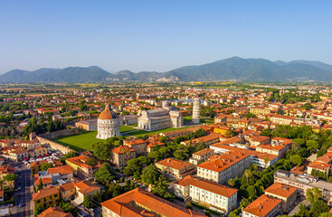 Pisa, Italy. Leaning Tower of Pisa. Panoramic view in the evening. Aerial view