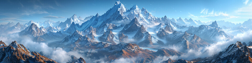Rugged mountain peaks with clouds and mist. Panoramic landscape for adventure travel and exploration concept
