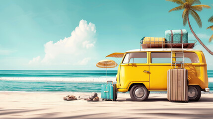 Summer travel , Yellow car van with luggage for summer holidays , Beach sea view , Vacation