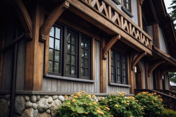 Fototapeta na wymiar Enchanting Wooden House Structural Elements Expressing Natural Elegance
