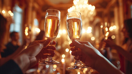 Elegant champagne toasting in festive event atmosphere. Celebration and luxury lifestyle concept for event design and invitation
