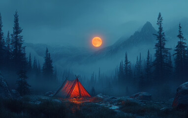 Glowing tent sits in misty forest at night. Camping at dusk a dark night time campsite