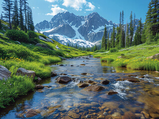 Mountainous landscape with flowing river and wildflowers. Nature and wilderness concept for poster and wallpaper design
