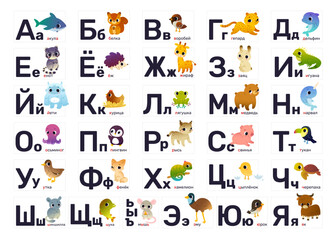 Cute russian alphabet for kids with animals. Bright Abc learning decorative poster with cartoon wild animals.