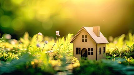 Model house in the meadow with grass and daisies in the evening.Green and environmentally friendly housing concept.