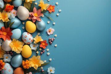 Fototapeta na wymiar Easter poster and banner template with beautiful Easter multi-colored eggs and flowers.Promotion and shopping template for Easter. Beautiful easter promotion banner.Top view, flat lay.Space for text