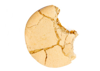 cracked bitten vanilla taste macaroon isolated on white. french pastry, sweet food from almond flour.