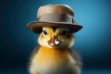 A tiny duckling in a stylish hat, waddling happily against a soothing blue background.