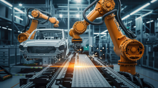Car Factory Digitalization Industry 4.0 Concept: Automated Robot Arm Assembly Line Manufacturing High-Tech Green Energy Electric Vehicles