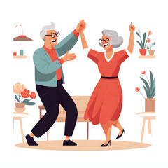 Elderly couple dancing in their living room isolated on white background, simple style, png
