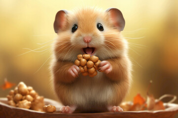 A tiny hamster stuffing its cheeks with seeds, captured mid-chew in exquisite detail, with its tiny...