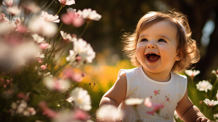 Little child laughing and playing at the park in spring