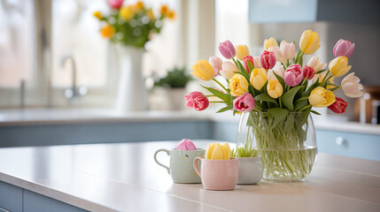 Bouquet of tulips and easter eggs on the table.  AI Generative