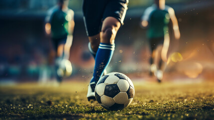 Fototapeta premium Soccer player in action kicking the ball on the field of stadium. AI Generative