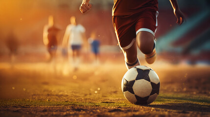 Soccer player in action kicking the ball on the field of stadium. AI Generative