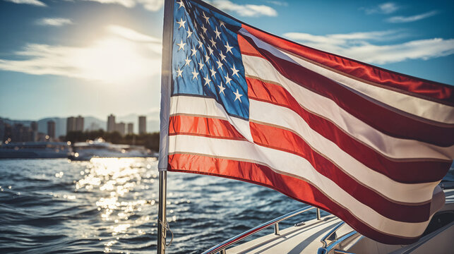 American flag on the sailboat at sunset. American flag on the yacht. Generative AI