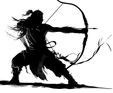 silhouette of an archer bowing at him with his bow and arrow, in the style of traditional ink painting