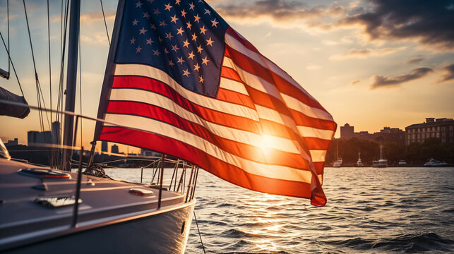 American flag on the mast of a sailboat at sunset on the background of the city. Generative AI - Powered by Adobe