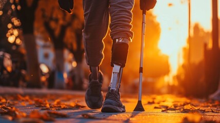 athlete man with prosthetic leg walking outdoor, close up at disabled young man with prosthetic leg walking along the street, prostheses standing, one way to win is to be yourself, generate by AI.