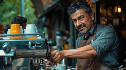 Cafe entrepreneur male smiling happy working in modern coffee shop, Hispanic 40s man barista standing at counter interacting with customers. lively morning atmosphere small business owner lifestyle