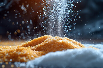 A packet of sugar that, when poured, reveals a flow of granulated natural sweeteners like stevia, - obrazy, fototapety, plakaty