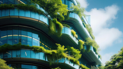 Eco-friendly building in the modern city. Sustainable glass office building with tree for reducing heat and carbon dioxide. Office building with green environment. Corporate building reduce CO2. - obrazy, fototapety, plakaty
