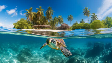 Big old rare endangered sea turtle cruises near tropical island beach and coral reef. Chelonia mydas swimming in the warm clean waters. Split over/underwater view with waterline - obrazy, fototapety, plakaty