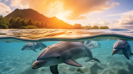 Fototapeta premium Big old rare endangered sea turtle cruises near tropical island beach and coral reef. Chelonia mydas swimming in the warm clean waters. Split over/underwater view with waterline