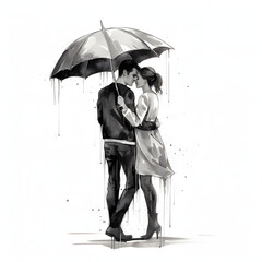 Couple sharing an umbrella in the rain isolated on white background, sketch, png
