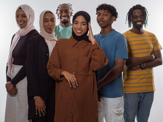 A diverse group of teenagers strikes dynamic poses with smiles and individual styles against a...