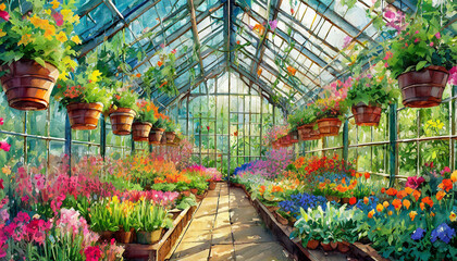 flower bed in the greenhouse in the spring, art design - obrazy, fototapety, plakaty