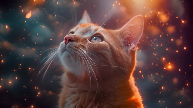 A cute cat looking outside at the starry colorful sky. Cute kitten magical sparkles. Starry glow lights in nature Magical landscape fairytale beauty