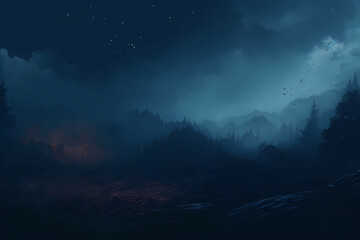 A Dark Blue Canvas Is Shown On The Left, A Dark Landscape With Fog And Trees