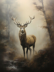 An Elk Is Standing On A Fog, A Deer With Antlers Standing In A Forest
