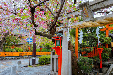 Fototapeta na wymiar Tatsumi Daimyojin Shrine situated nearby Tatsumu bashi bridge in Gion district, Kyoto, Japan