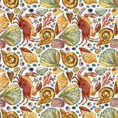 Watercolor illustration ,seamless pattern with underwater inhabitants, crabs, shells and algae.