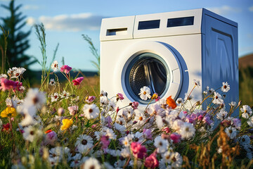 Spring freshness and the smell of washed laundry, a white washing machine in a meadow full of fresh spring flowers, laundry detergent and fabric softener. - obrazy, fototapety, plakaty