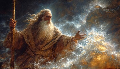Obraz premium Godly Waves: The Wise Old Man's Divine Touch Generative AI