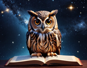 cosmic owl reading a book of constellations with animated stars and interactive constellations. watercolor drawing
