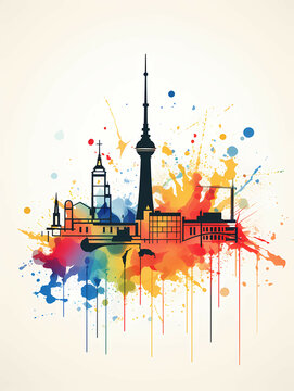 Minimalist Berlin Skyline Line Art, A Colorful Cityscape With A Tower