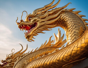 Blue sky and 100 days, traditional Chinese elements, a golden dragon, glittering gold. The golden dragon