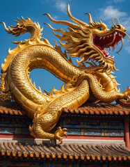 Fototapeta na wymiar Blue sky and 100 days, traditional Chinese elements, a golden dragon, glittering gold. The golden dragon