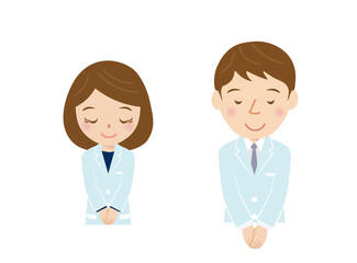 医者、研究者、男性、女性、お辞儀、ベクター