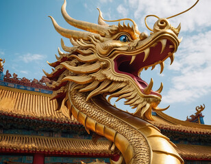 Fototapeta premium Blue sky and 100 days, traditional Chinese elements, a golden dragon, glittering gold. The golden dragon