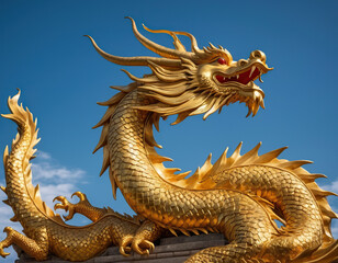 Obraz premium Blue sky and 100 days, traditional Chinese elements, a golden dragon, glittering gold. The golden dragon