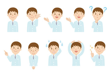 医者、研究者、男性、表情、セット、ベクター